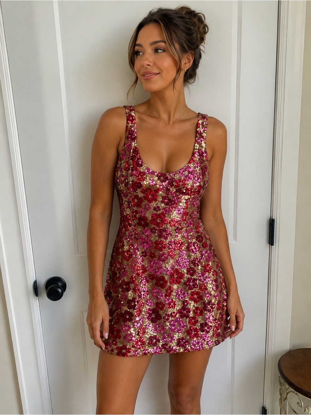 NWT Cider Sequin Floral Mini Dress Gold Pink Red Sparkly Party Cocktail Large